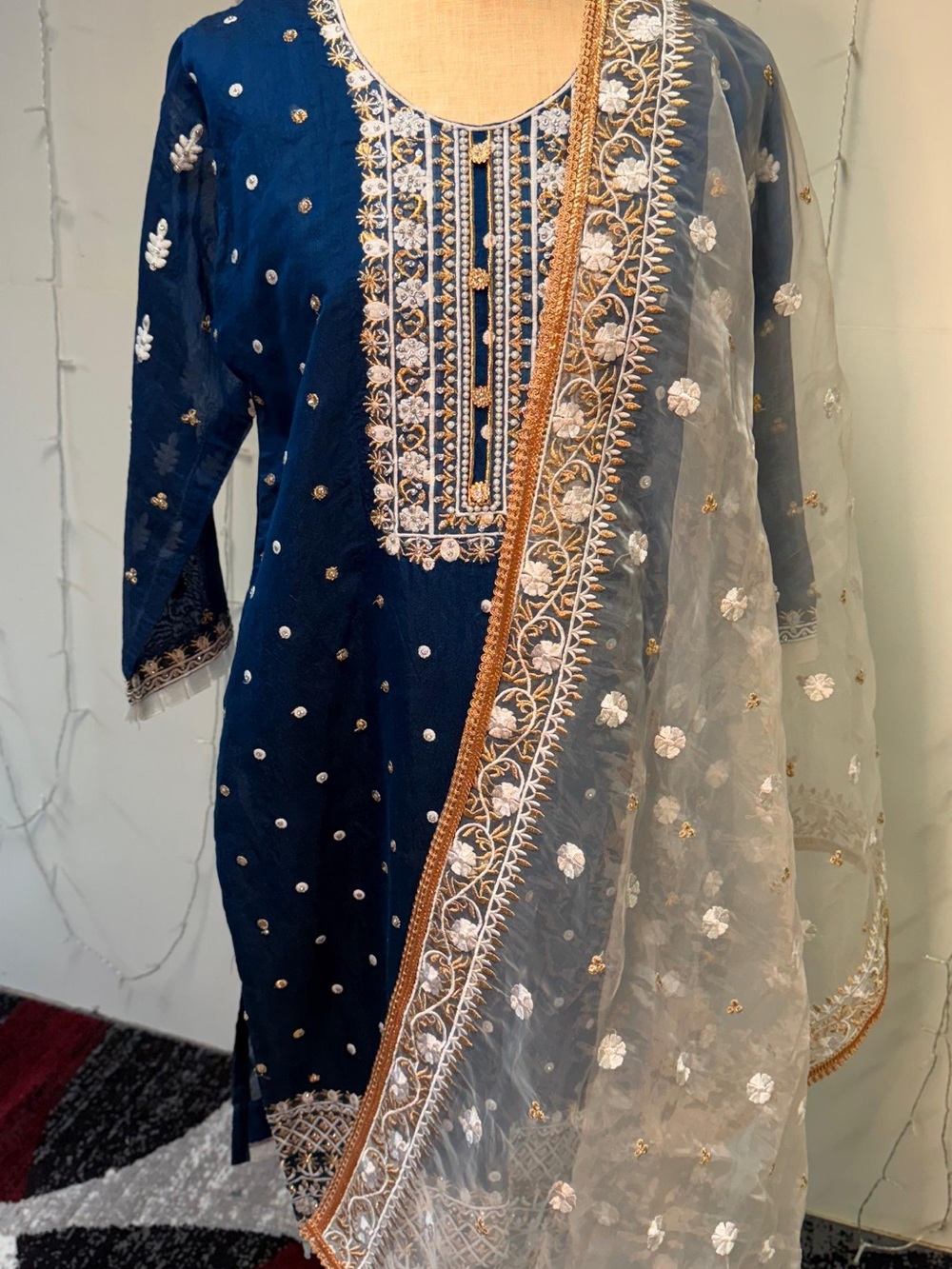 Ethnic Indian Wear Navy Blue & Gold Embroidered Salwar Kameez with Sheer Dupatta